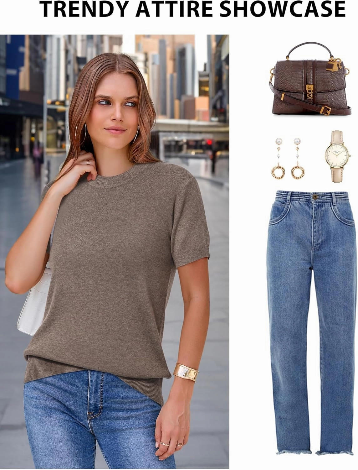 Arach&Cloz Women's Wool Blend Loose Fit Soft Summer Sweater Short Sleeve Crew Neck Casual Pullover Tops Trendy Outfits 2025