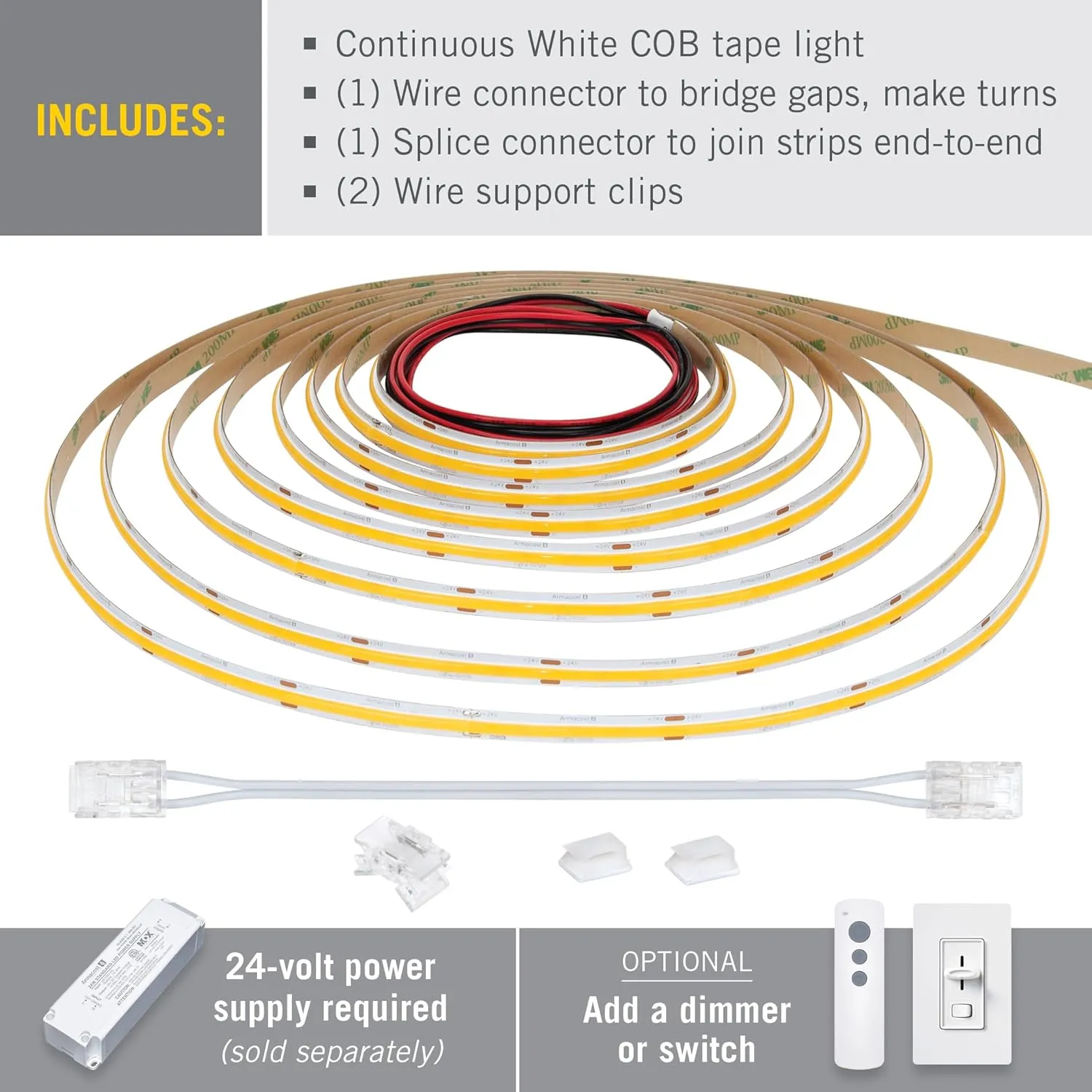 Armacost Lighting RibbonFlex Pro 24V White COB LED Strip Light Tape 2700K, 165 Lumens/Ft, 10M 171150