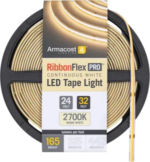 Armacost Lighting RibbonFlex Pro 24V White COB LED Strip Light Tape 2700K, 165 Lumens/Ft, 10M 171150