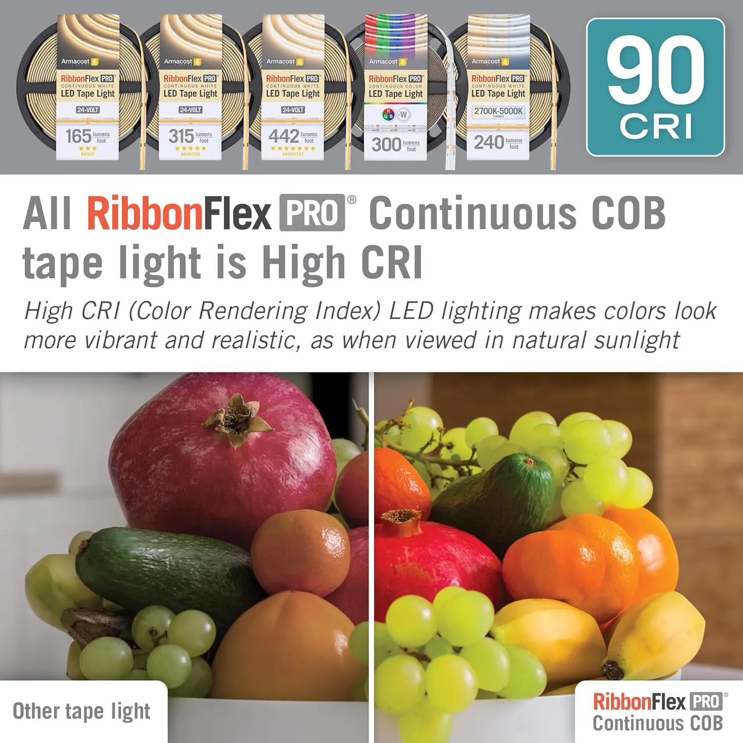 Armacost Lighting RibbonFlex Pro 24V White COB LED Strip Light Tape 2700K, 165 Lumens/Ft, 10M 171150