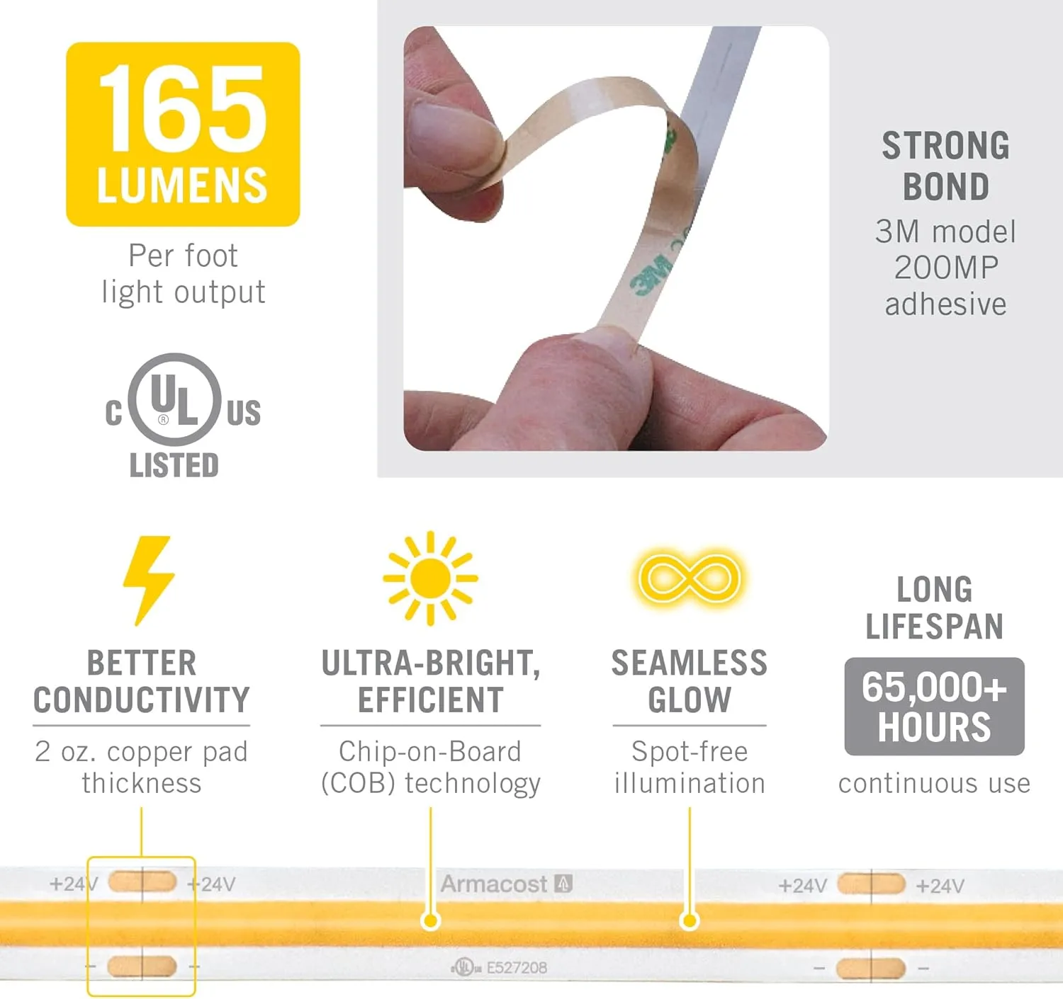 Armacost Lighting RibbonFlex Pro 24V White COB LED Strip Light Tape 2700K, 165 Lumens/Ft, 10M 171150