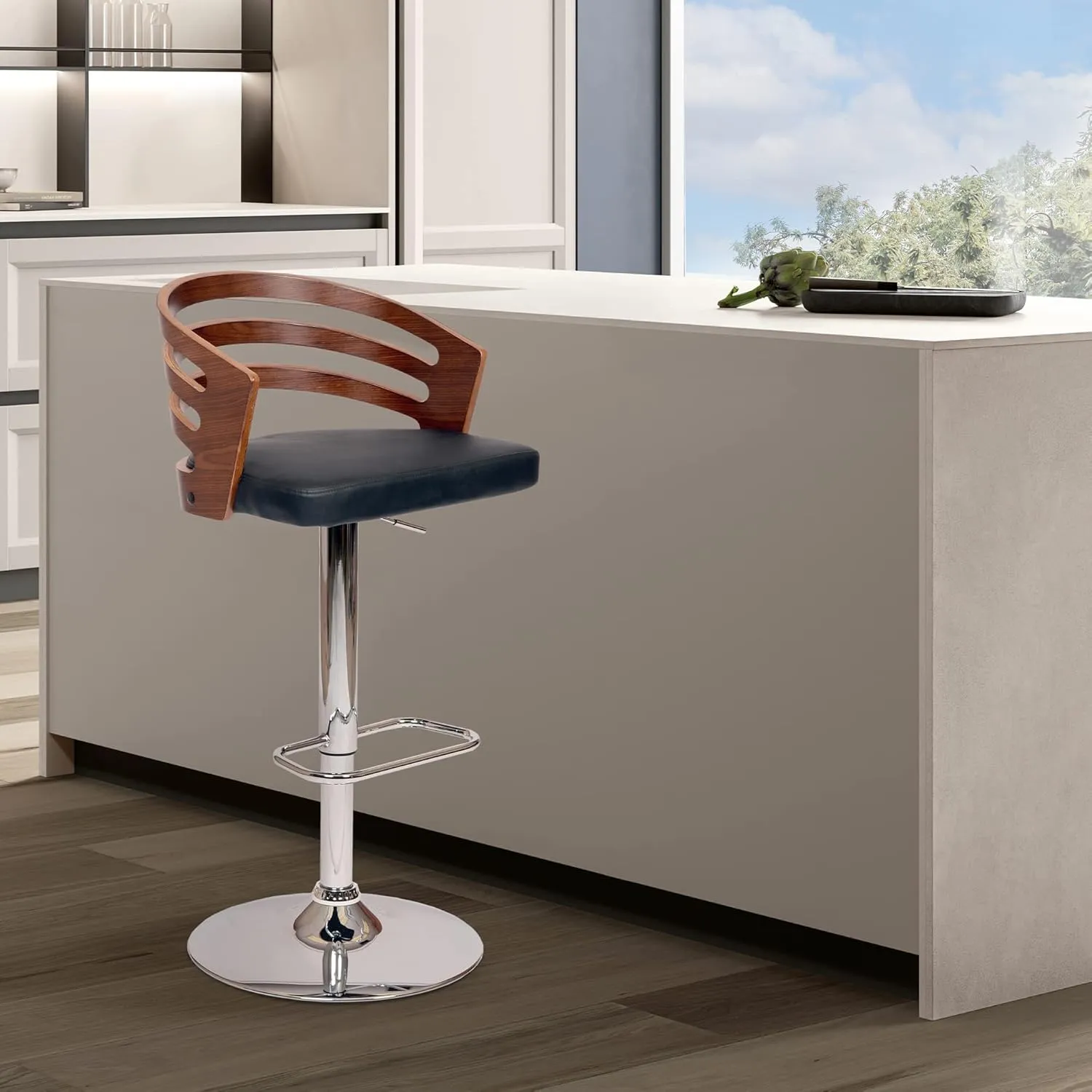 Armen Living Barstool Mid Century Modern Pedestal Swivel Wood Bar Stool with Faux Leather for Kitchen Island Counter, 25-32" Adjustable Seat Height, Adele