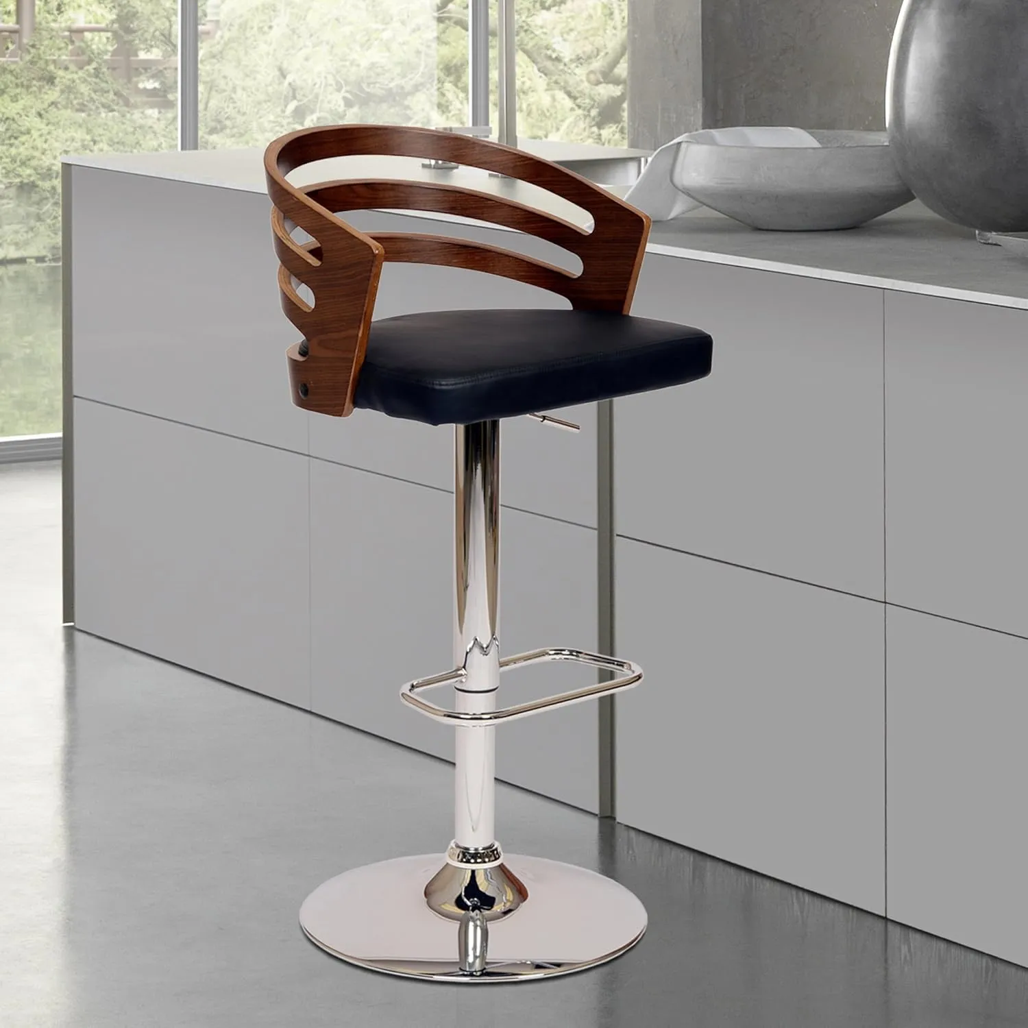 Armen Living Barstool Mid Century Modern Pedestal Swivel Wood Bar Stool with Faux Leather for Kitchen Island Counter, 25-32" Adjustable Seat Height, Adele