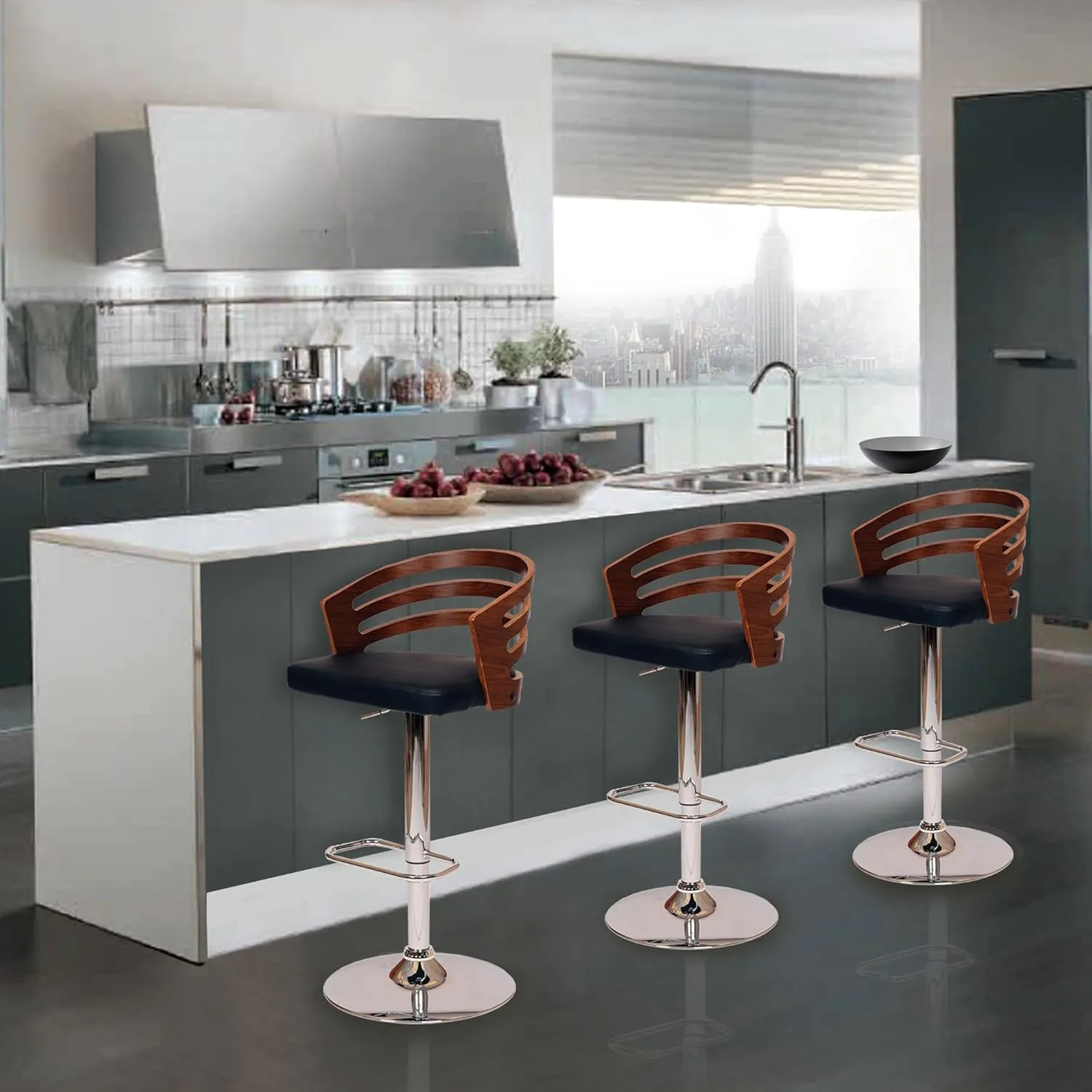 Armen Living Barstool Mid Century Modern Pedestal Swivel Wood Bar Stool with Faux Leather for Kitchen Island Counter, 25-32" Adjustable Seat Height, Adele