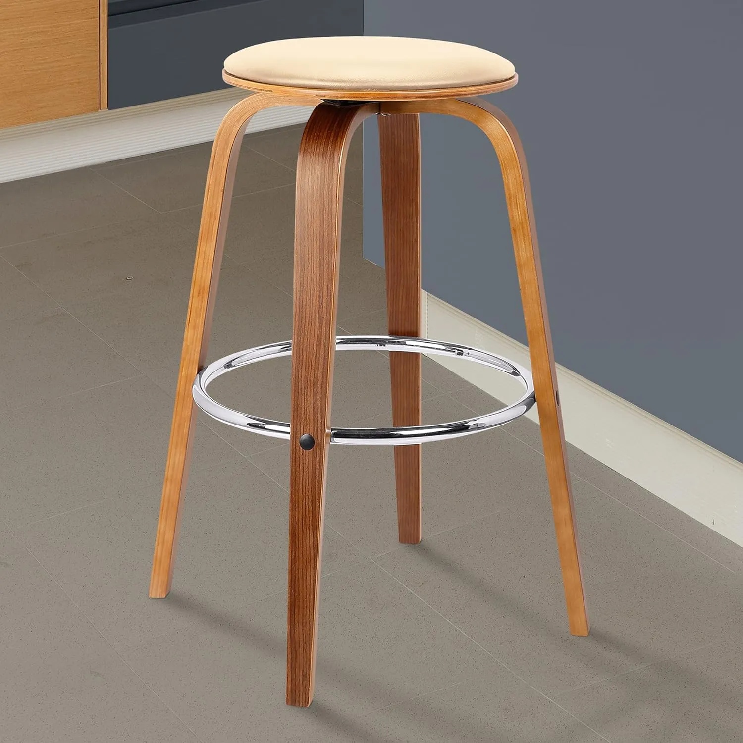 Armen Living Harbor Mid Century Modern 26" Seat Height Backless Swivel Cream Faux Leather and Walnut Wood Bar Stool for Kitchen Island Counter