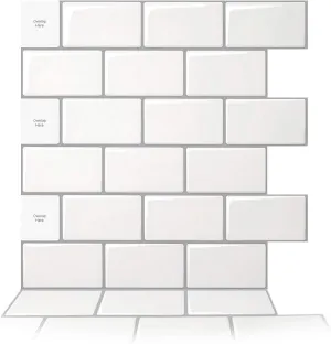 Art3d 10-Sheet Peel and Stick Backsplash, 12 in. x 12 in. Subway 3D Wall Panels, Mono White with Gray Grout