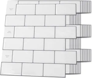 Art3d Backsplash Tile for Kitchen Peel and Stick, 10-Sheet Stick on Subway Tiles for Kitchem, Bathroom Back Splashes, 12"x12", Warm White with Gray Grout