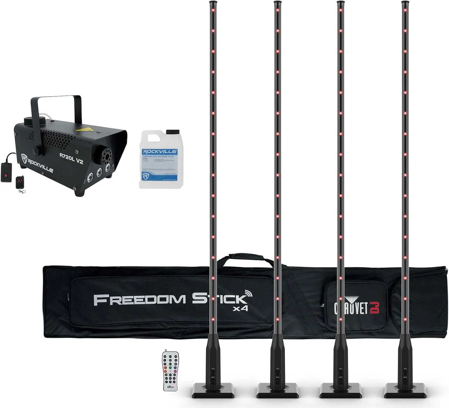 Audiosavings Bundle: Chauvet DJ Freedom Stick X4 (4) Wireless Battery RF LED DMX Light Sticks Remote Bundle with Rockville R720L Fog/Smoke Machine w/Remote Fluid Multi Color LED Built in! (2 Items)