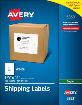 Avery Printable Shipping Labels for Copiers, 8.5" x 11", White, 100 Blank Mailing Labels (5353)