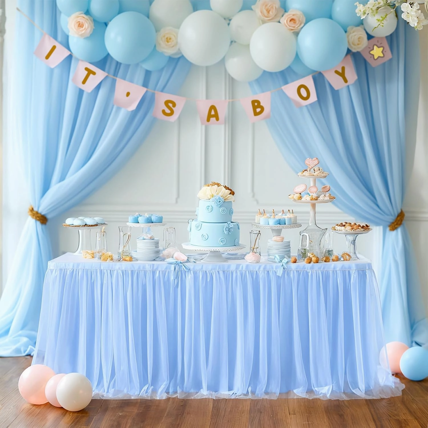 Baby Blue Table Skirt for Baby Shower Boy 6ft Light Blue Tulle Tutu Table Cloth for Elephant Birthday Party Ocean Baby Shark Gender Reveal Cake Table Decorations