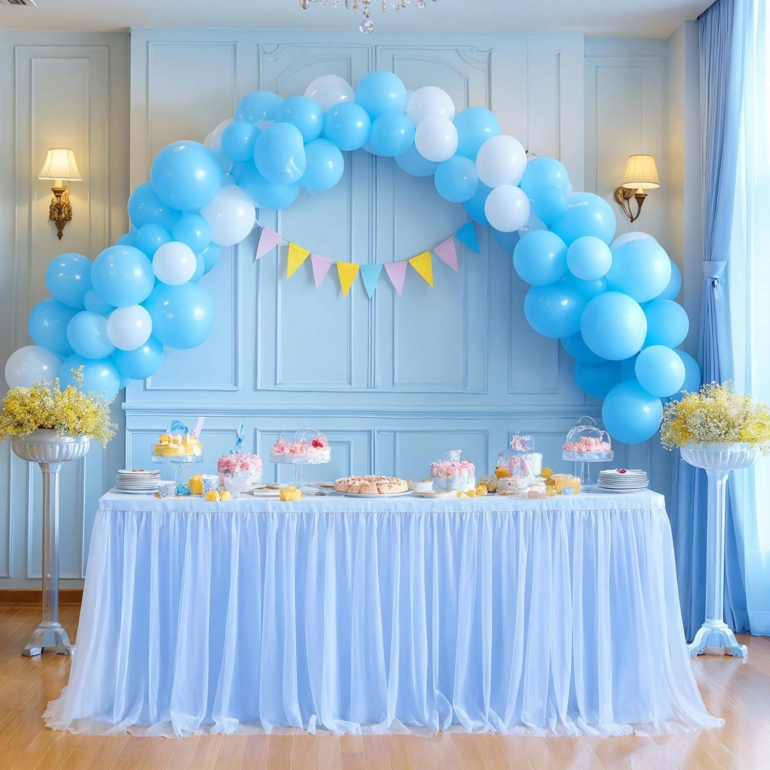 Baby Blue Table Skirt for Baby Shower Boy 6ft Light Blue Tulle Tutu Table Cloth for Elephant Birthday Party Ocean Baby Shark Gender Reveal Cake Table Decorations