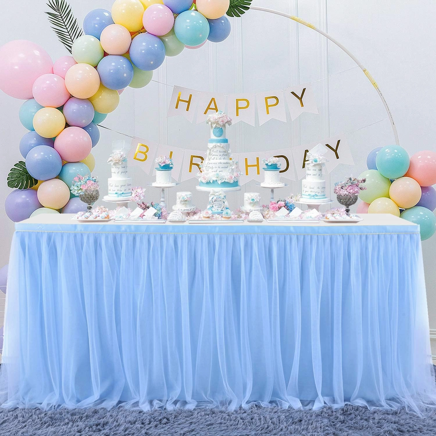 Baby Blue Table Skirt for Baby Shower Boy 6ft Light Blue Tulle Tutu Table Cloth for Elephant Birthday Party Ocean Baby Shark Gender Reveal Cake Table Decorations