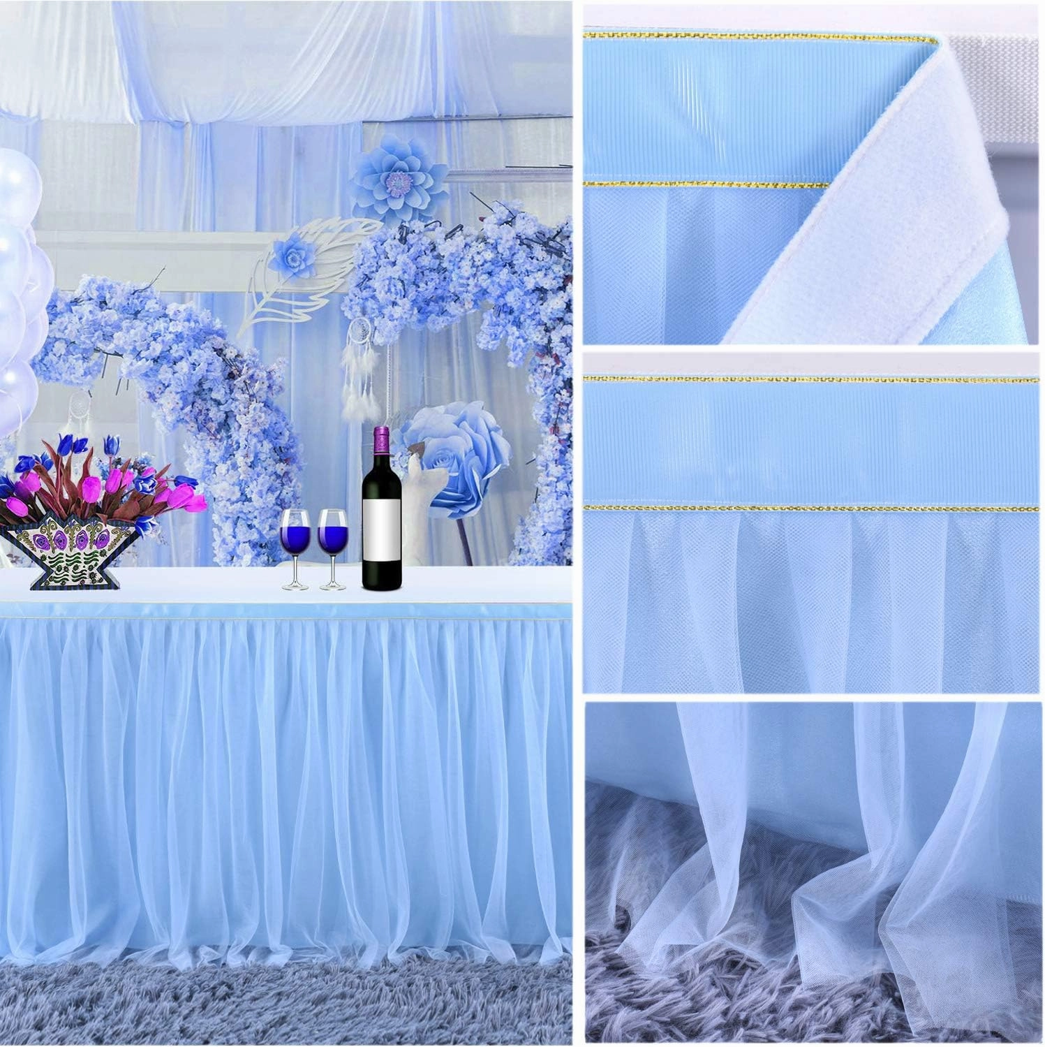Baby Blue Table Skirt for Baby Shower Boy 6ft Light Blue Tulle Tutu Table Cloth for Elephant Birthday Party Ocean Baby Shark Gender Reveal Cake Table Decorations