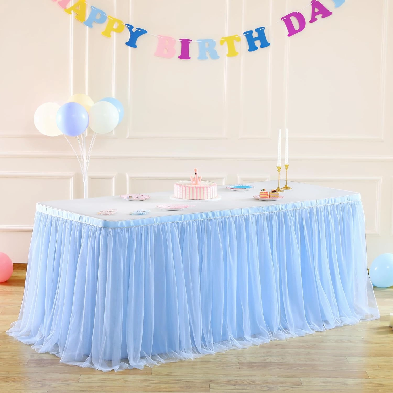 Baby Blue Table Skirt for Baby Shower Boy 6ft Light Blue Tulle Tutu Table Cloth for Elephant Birthday Party Ocean Baby Shark Gender Reveal Cake Table Decorations