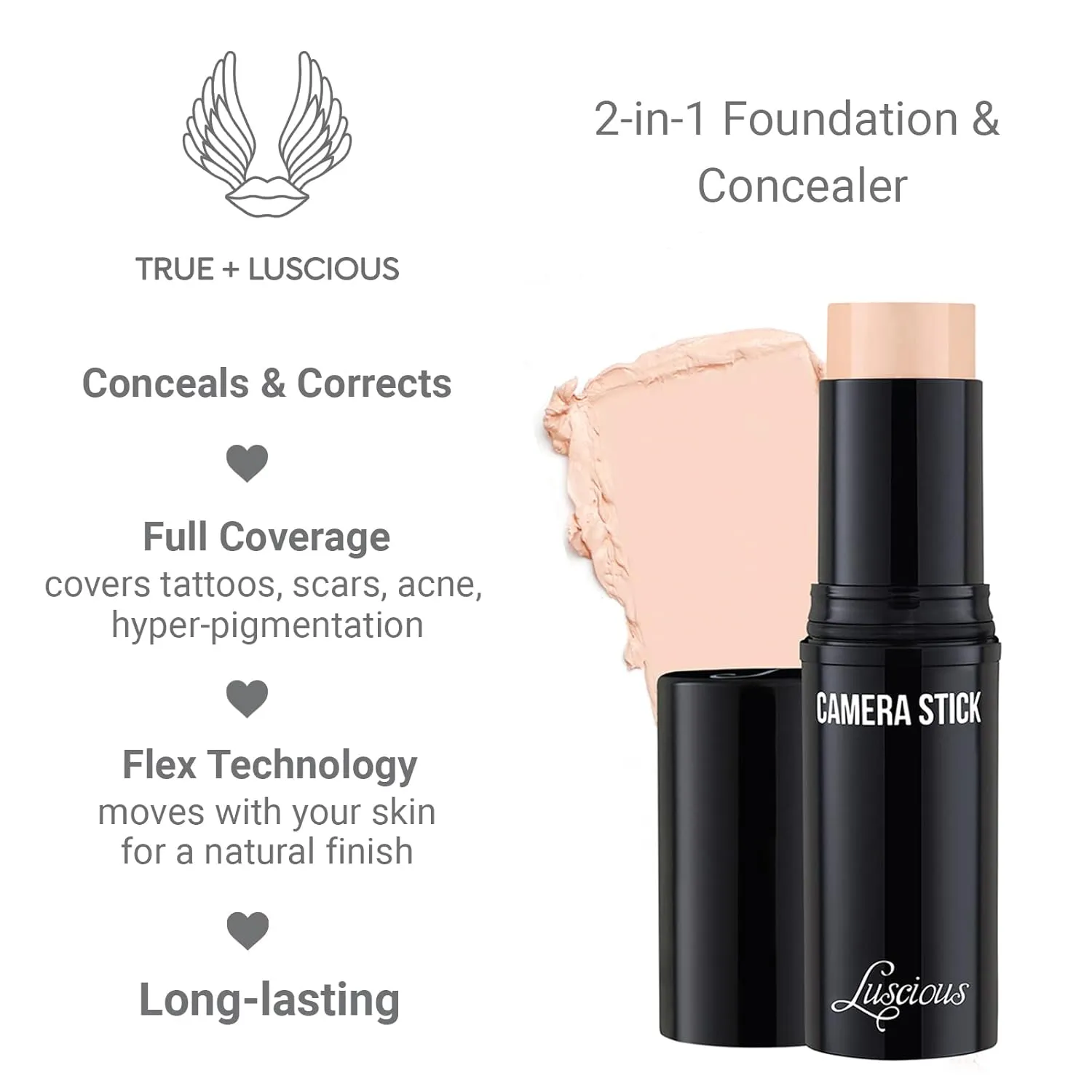 Camera Stick Foundation by True   Luscious - Full Coverage Cream Foundation - Non-Comedogenic & Hydrating Formula - Vegan, Paraben Free, & Cruelty Free - 0.49 oz (Shade 1.5: Natural Beige)
