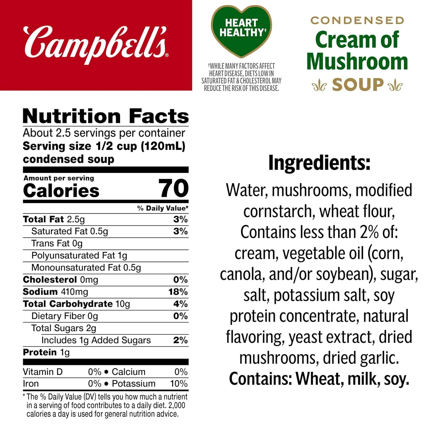 Campbell's Condensed Heart Healthy Cream of Mushroom Soup, 10.5 oz Can (12 Pack)