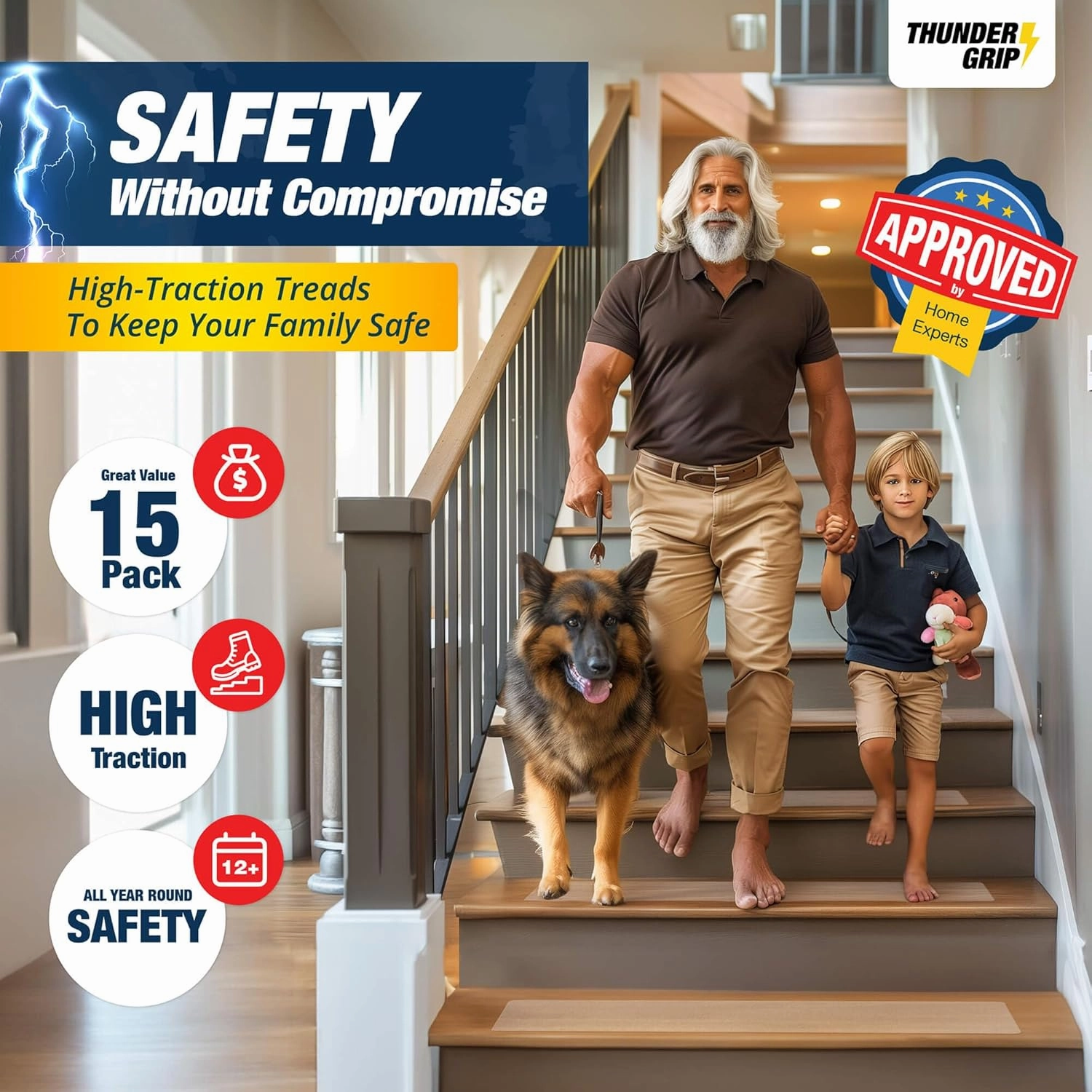 Clear Stair Treads Non-Slip 24"x6" - 15-Pack Indoor Stair Grips Non Slip for Wooden Steps - Anti Slip Adhesive Strips for Dogs & Elderly - Staircase Step Treads - Transparent Treads for Wood Stairs