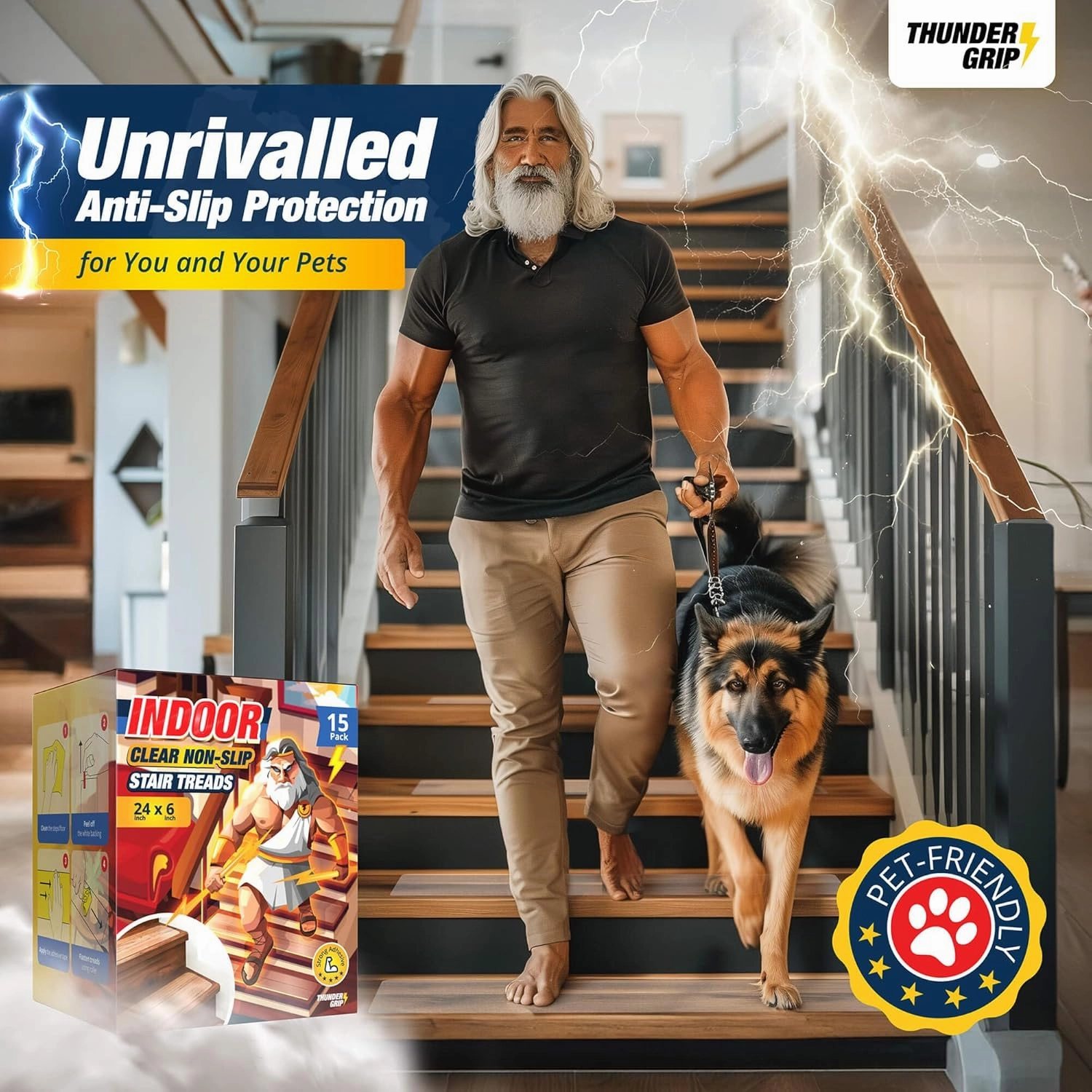 Clear Stair Treads Non-Slip 24"x6" - 15-Pack Indoor Stair Grips Non Slip for Wooden Steps - Anti Slip Adhesive Strips for Dogs & Elderly - Staircase Step Treads - Transparent Treads for Wood Stairs