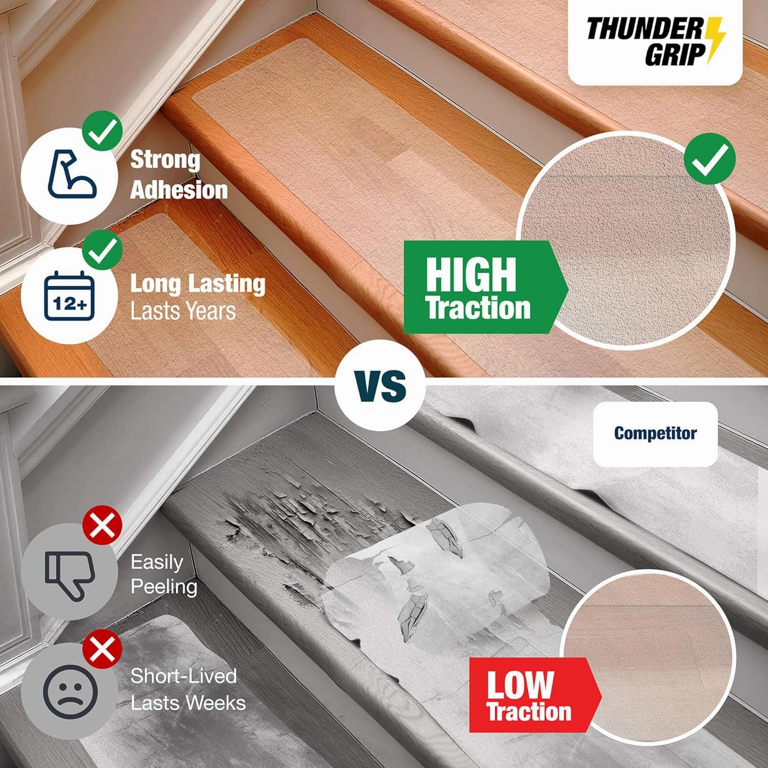 Clear Stair Treads Non-Slip 24"x6" - 15-Pack Indoor Stair Grips Non Slip for Wooden Steps - Anti Slip Adhesive Strips for Dogs & Elderly - Staircase Step Treads - Transparent Treads for Wood Stairs