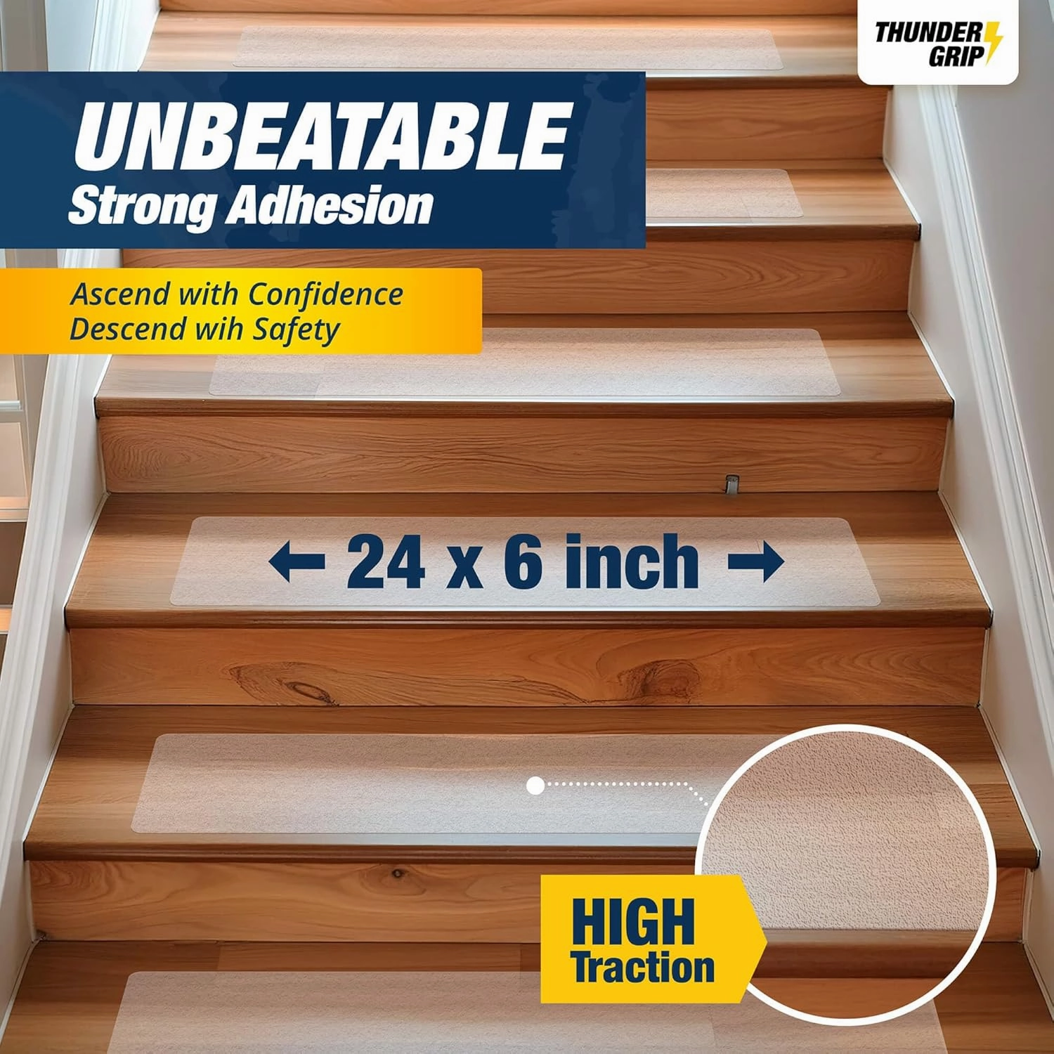 Clear Stair Treads Non-Slip 24"x6" - 15-Pack Indoor Stair Grips Non Slip for Wooden Steps - Anti Slip Adhesive Strips for Dogs & Elderly - Staircase Step Treads - Transparent Treads for Wood Stairs