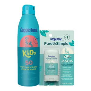 Coppertone Kids Sunscreen Spray SPF 50 (5 Oz)   Pure and Simple Kids Mineral Sunscreen Stick SPF 50 (0.49 Oz), Gifts for Moms, Water Resistant, Free From Oxybenzone, Octinoxate, PABA & Dyes