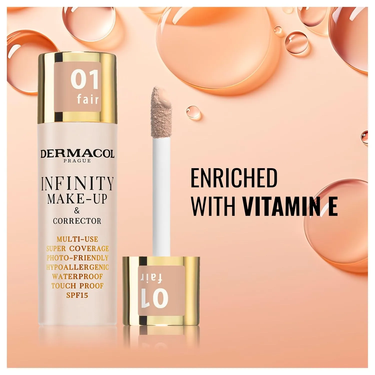Dermacol Infinity make-up and corrector, Multi-use, Super coverage, Photo-friendly,Hypoallergenic,Waterproof, Touch proof, SPF 15, 01, Fair
