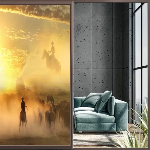 Desert Cowboy American Decorative Window Film Wild Western Sunset Running Horsesdining Room Window Film,Dorm Room Glass Film 35.4Wx78.7L-Inch X1Pcs