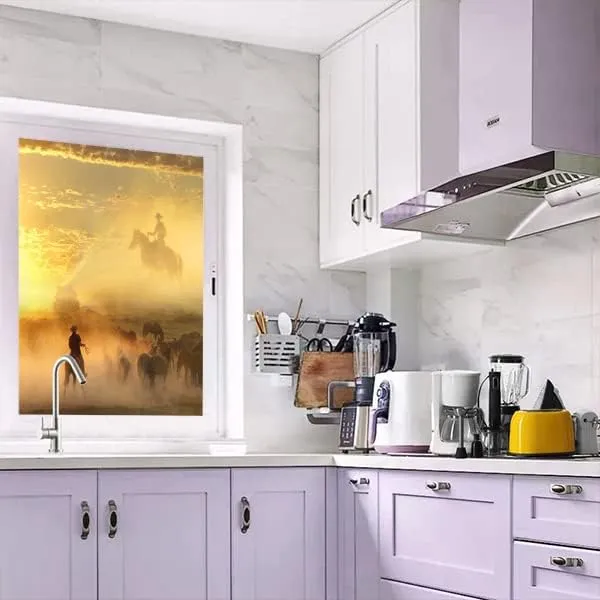 Desert Cowboy American Decorative Window Film Wild Western Sunset Running Horsesdining Room Window Film,Dorm Room Glass Film 35.4Wx78.7L-Inch X1Pcs