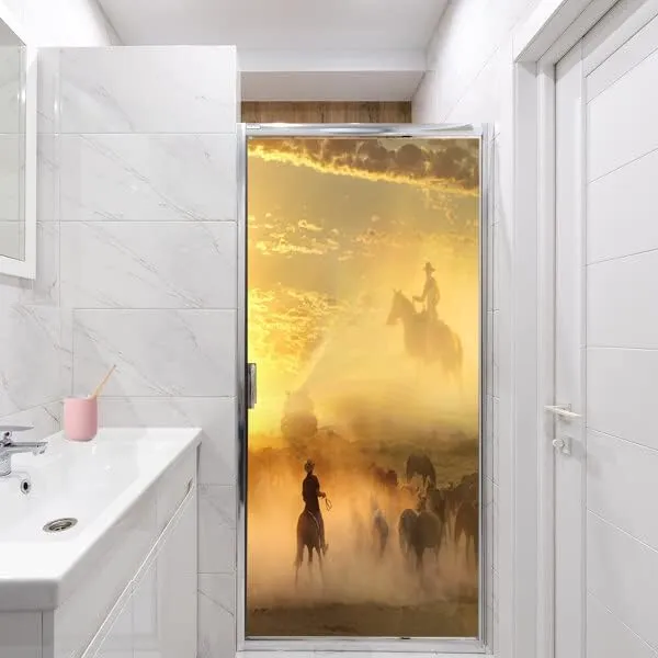 Desert Cowboy American Decorative Window Film Wild Western Sunset Running Horsesdining Room Window Film,Dorm Room Glass Film 35.4Wx78.7L-Inch X1Pcs