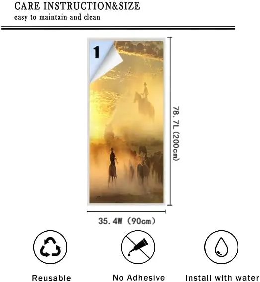 Desert Cowboy American Decorative Window Film Wild Western Sunset Running Horsesdining Room Window Film,Dorm Room Glass Film 35.4Wx78.7L-Inch X1Pcs