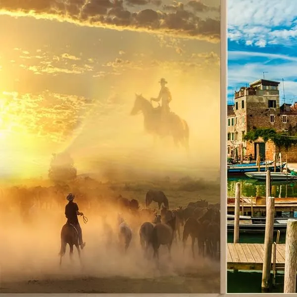 Desert Cowboy American Decorative Window Film Wild Western Sunset Running Horsesdining Room Window Film,Dorm Room Glass Film 35.4Wx78.7L-Inch X1Pcs