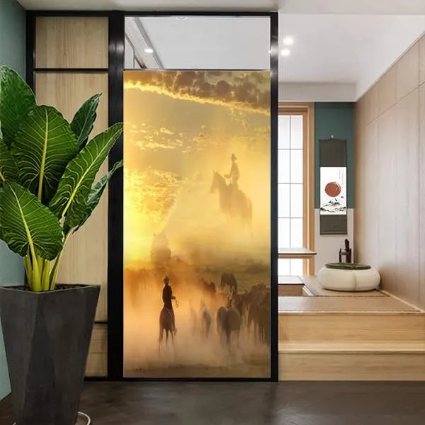 Desert Cowboy American Decorative Window Film Wild Western Sunset Running Horsesdining Room Window Film,Dorm Room Glass Film 35.4Wx78.7L-Inch X1Pcs