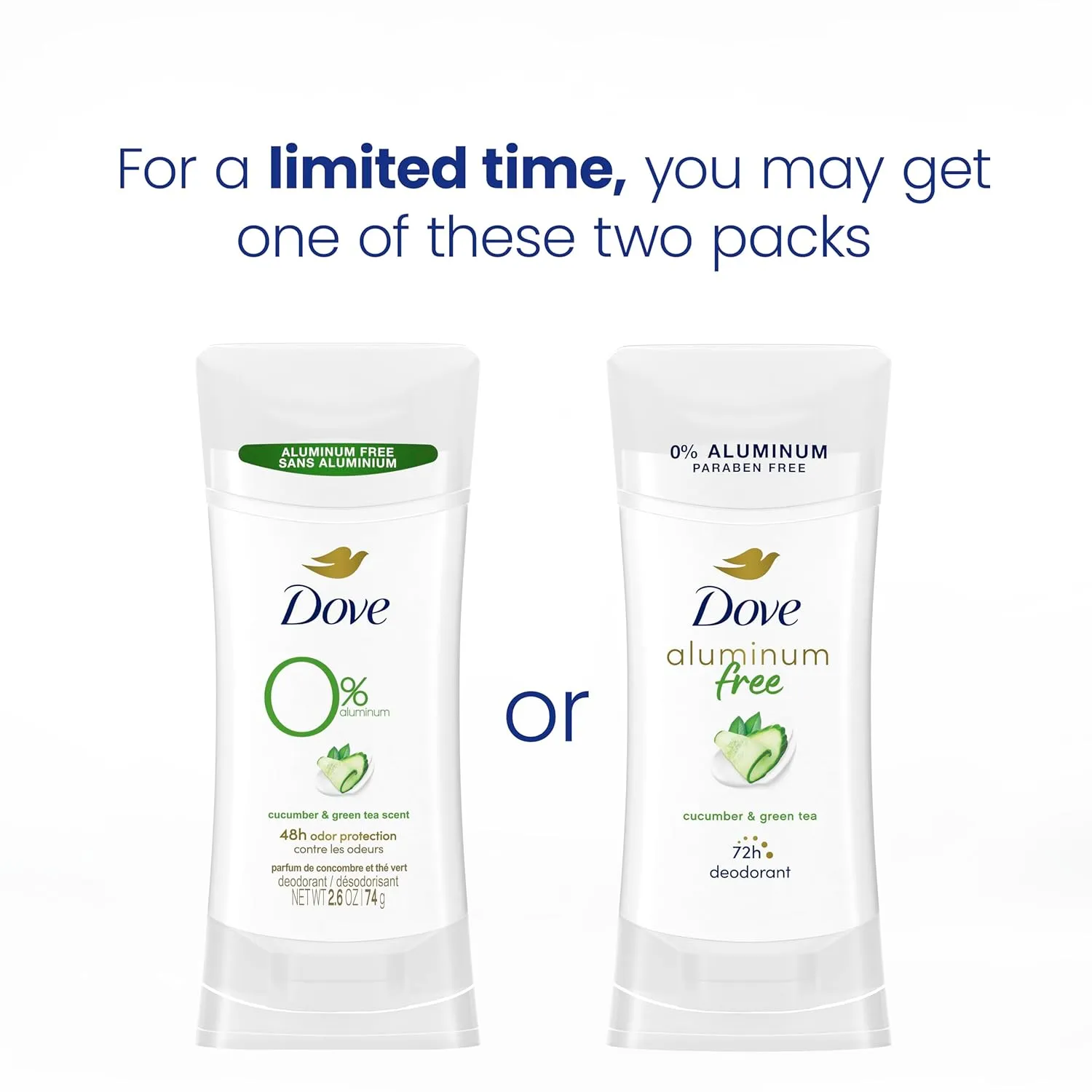 Dove Aluminum Free Deodorant for Women 4 Count Cucumber and Green Tea 72 hour odor protection 2.6 oz