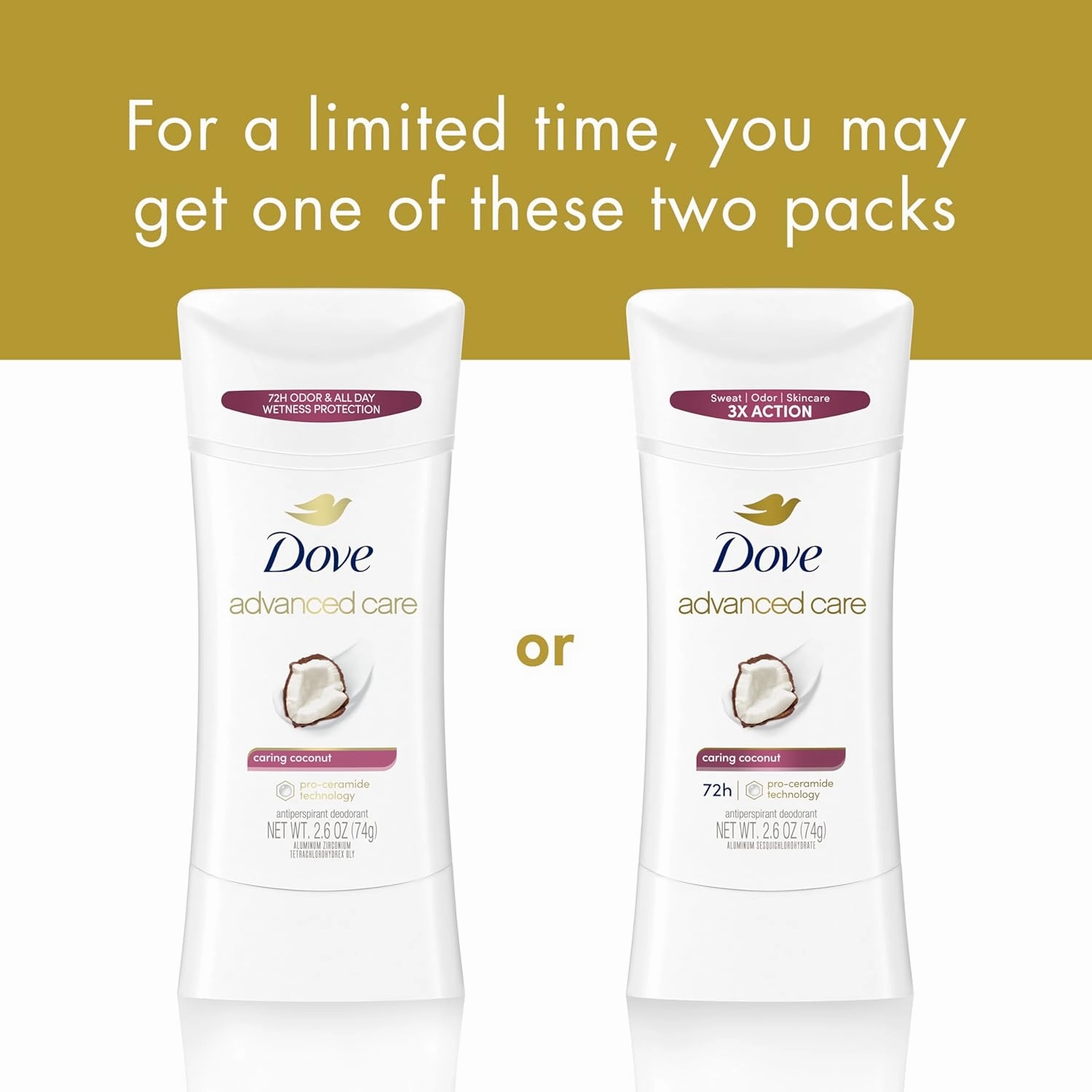 Dove Advanced Care Antiperspirant Caring Coconut, 2 Count Deodorant Stick for Women, for 48 Hour Protection And Soft And Comfortable Underarms, 2.6 oz