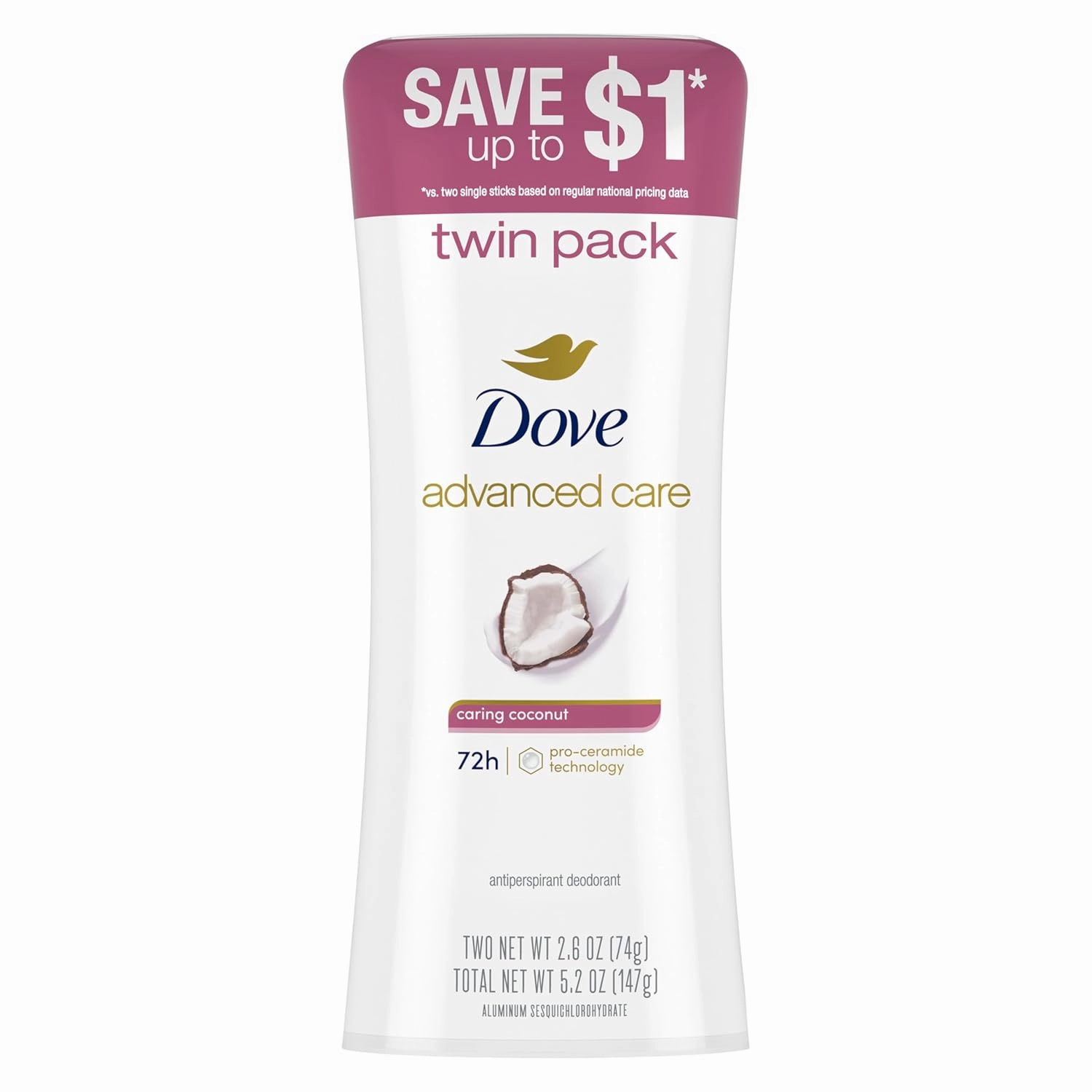 Dove Advanced Care Antiperspirant Caring Coconut, 2 Count Deodorant Stick for Women, for 48 Hour Protection And Soft And Comfortable Underarms, 2.6 oz
