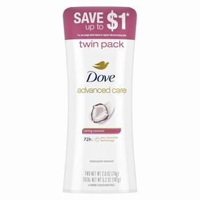 Dove Advanced Care Antiperspirant Caring Coconut, 2 Count Deodorant Stick for Women, for 48 Hour Protection And Soft And Comfortable Underarms, 2.6 oz