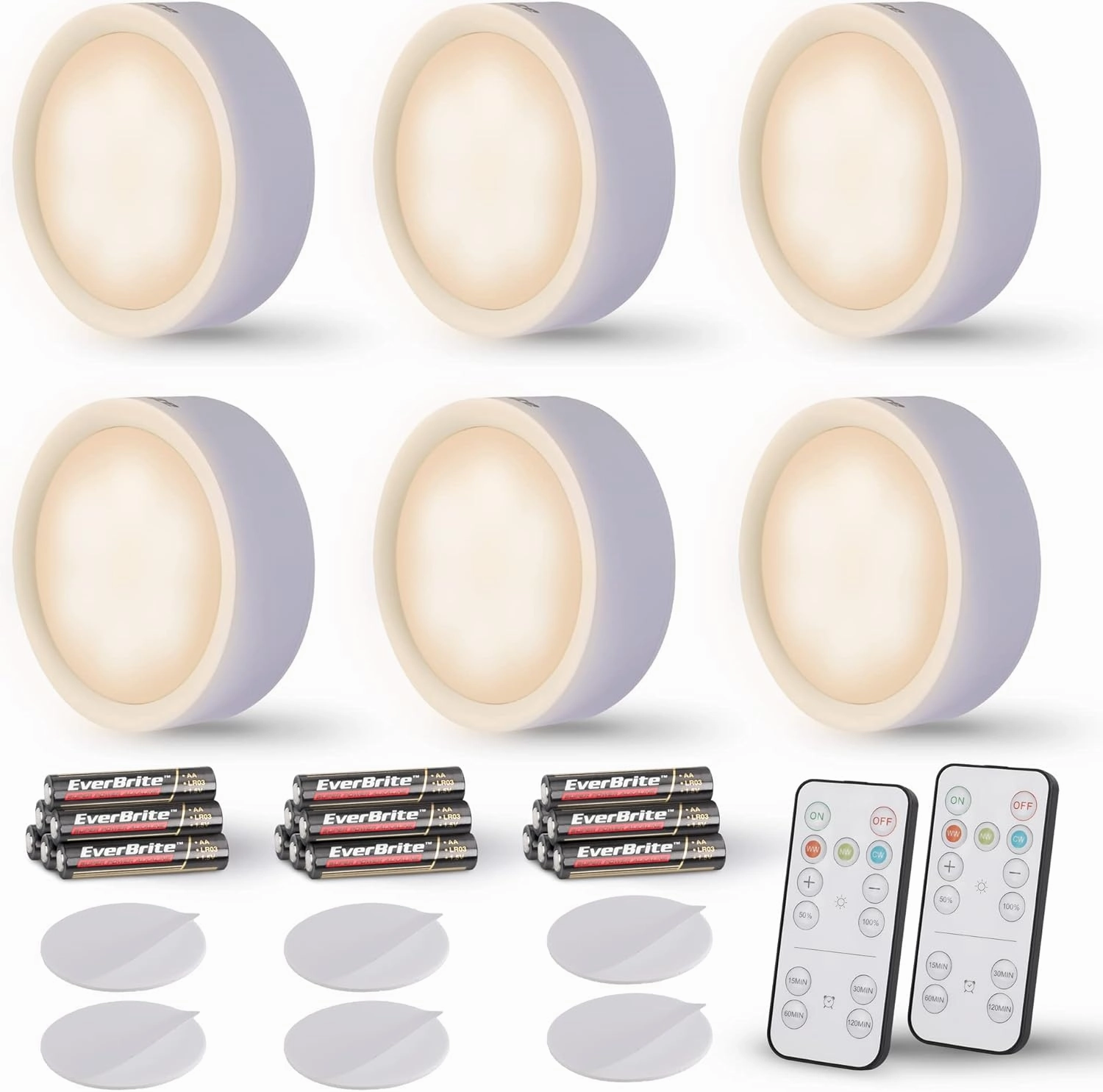 EverBrite Puck Lights with Remote, Wireless LED Battery Operated, Under Cabinet Timer, Stick on Light, Closet Light Dimmable for Closet, Bedroom, Included (6-Pack)