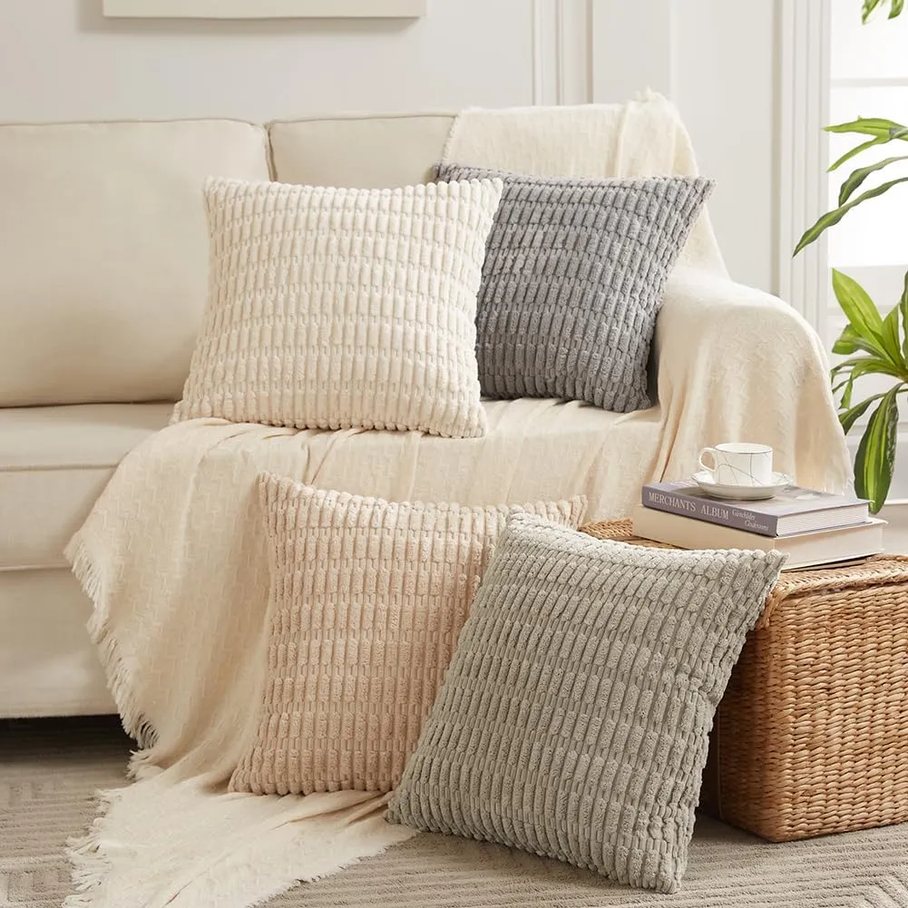 Fancy Homi 4 Packs Boho Cream Decorative Throw Pillow Covers 18x18 Inch for Living Room Couch Bed Sofa, Rustic Modern Farmhouse Home Decor, Soft Plush Corduroy Cute Square Beige Cushion Case 45x45 cm