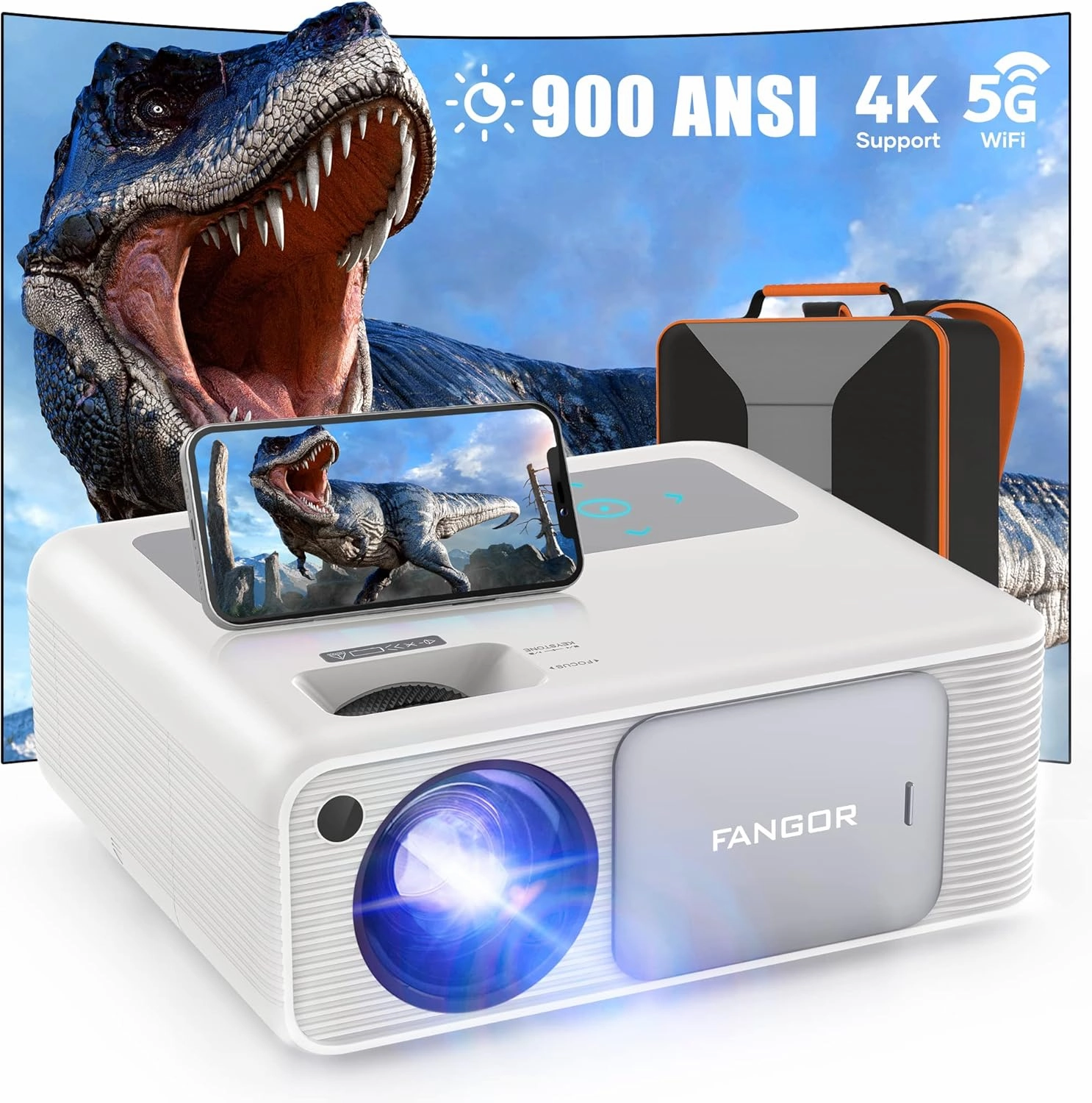 FANGOR 4K Supported Projector with 5G WiFi and Bluetooth - HD 900 ANSI 1080P Native Projector for Outdoor Movies, Home Video Projector with 4P Keystone 50% Zoom Supports TV Stick/Roku/Laptop/Phone