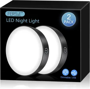Ferswe Rechargeable Tap Light 6000K, Dimmable Touch Light with 1000mAh Large Battery，Brightness Adjustable, Stick on Lights for Closet, Cabinet, Counter, Kitchen, Bedroom and Wall(2 Pack)