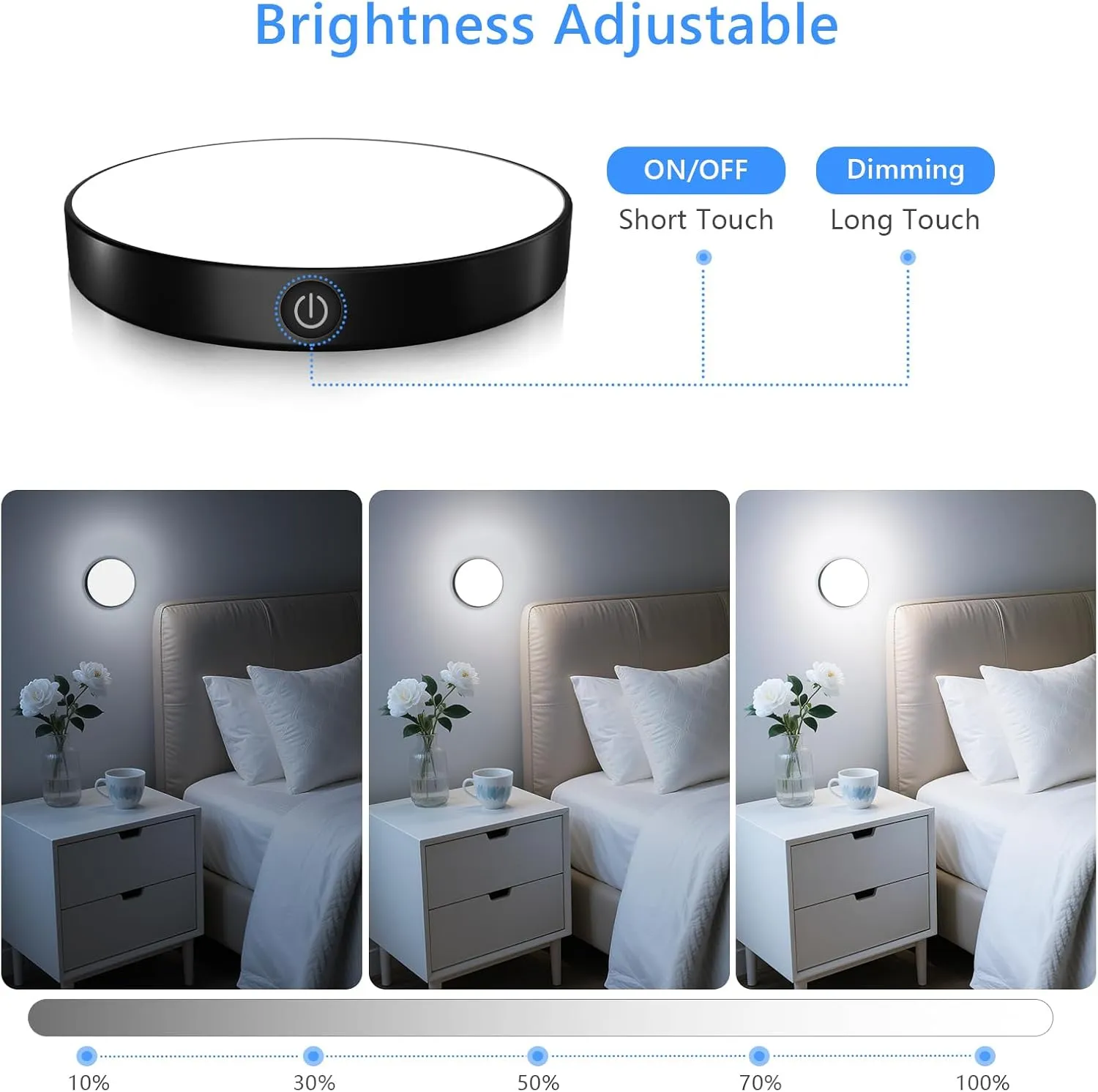 Ferswe Rechargeable Tap Light 6000K, Dimmable Touch Light with 1000mAh Large Battery，Brightness Adjustable, Stick on Lights for Closet, Cabinet, Counter, Kitchen, Bedroom and Wall(2 Pack)