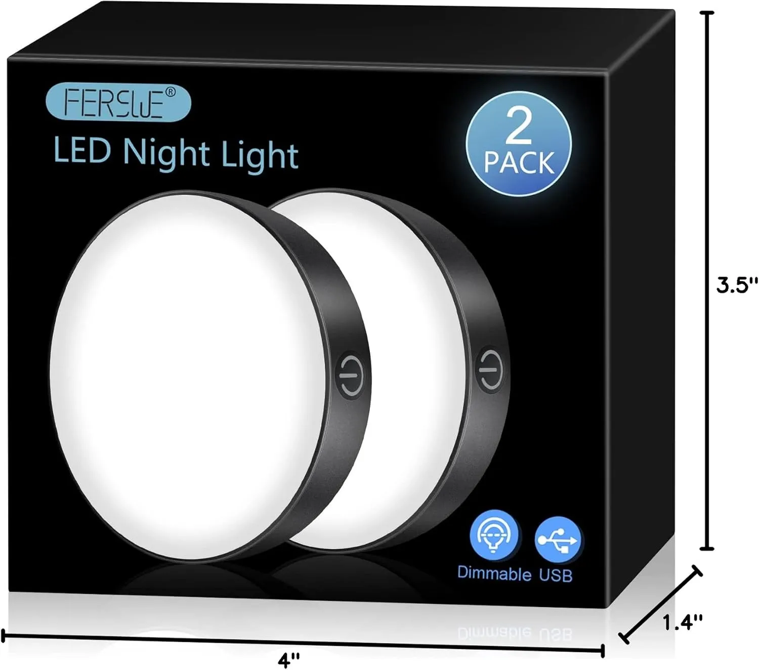 Ferswe Rechargeable Tap Light 6000K, Dimmable Touch Light with 1000mAh Large Battery，Brightness Adjustable, Stick on Lights for Closet, Cabinet, Counter, Kitchen, Bedroom and Wall(2 Pack)