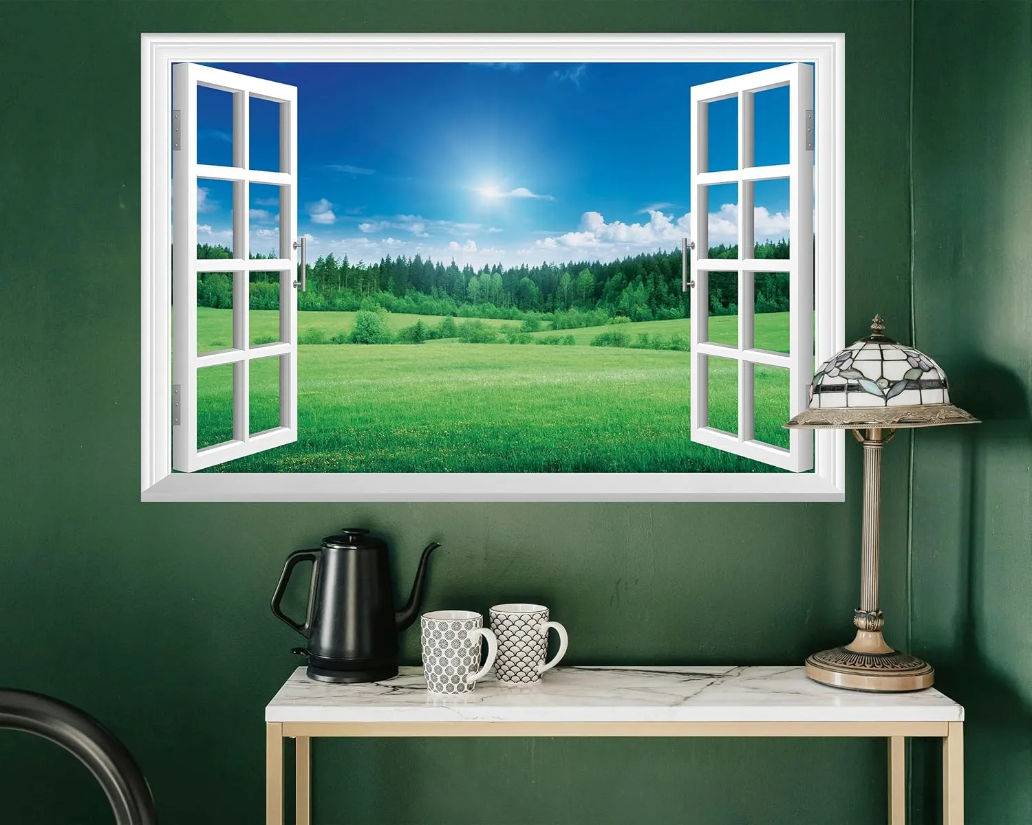 FLFK Fake Window Wall Mural - Grassland Forest Faux Window Wall Sticker for Wall Decor, Peel and Stick Wall Decals,48"x32",Set of 2 Sheets