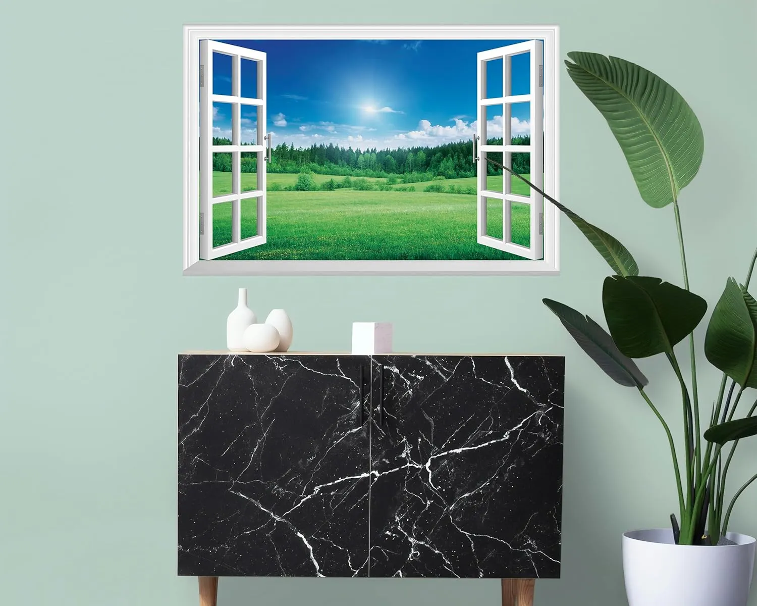 FLFK Fake Window Wall Mural - Grassland Forest Faux Window Wall Sticker for Wall Decor, Peel and Stick Wall Decals,48"x32",Set of 2 Sheets