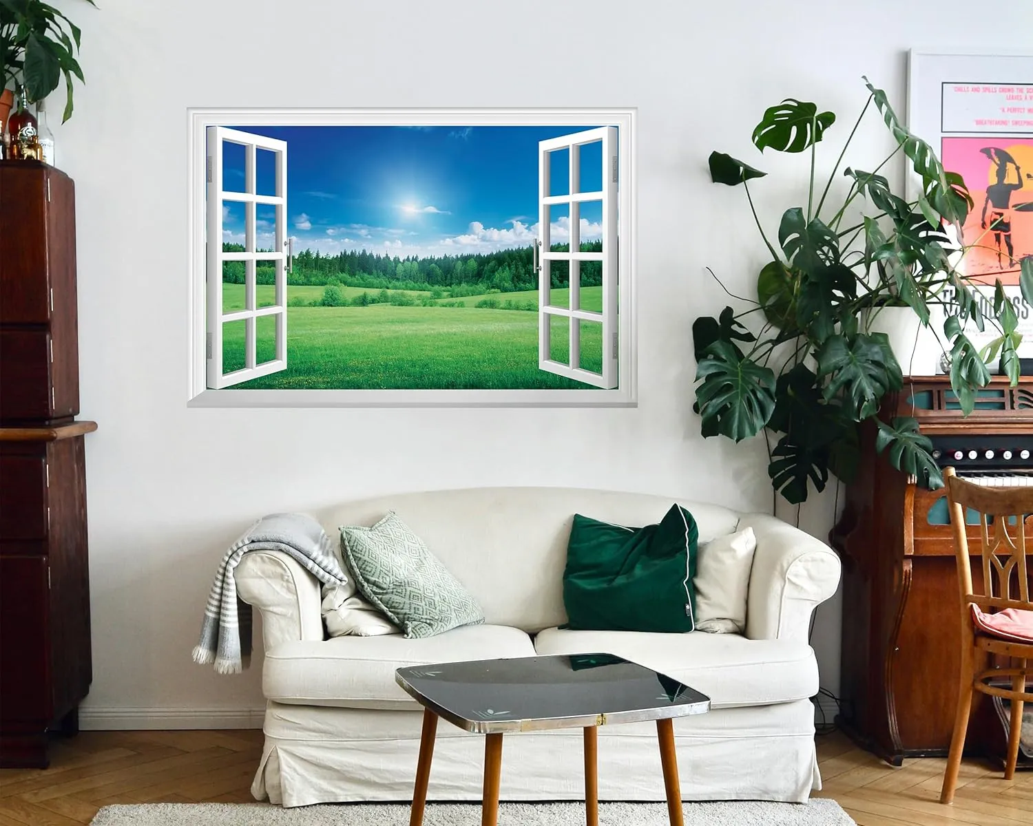 FLFK Fake Window Wall Mural - Grassland Forest Faux Window Wall Sticker for Wall Decor, Peel and Stick Wall Decals,48"x32",Set of 2 Sheets