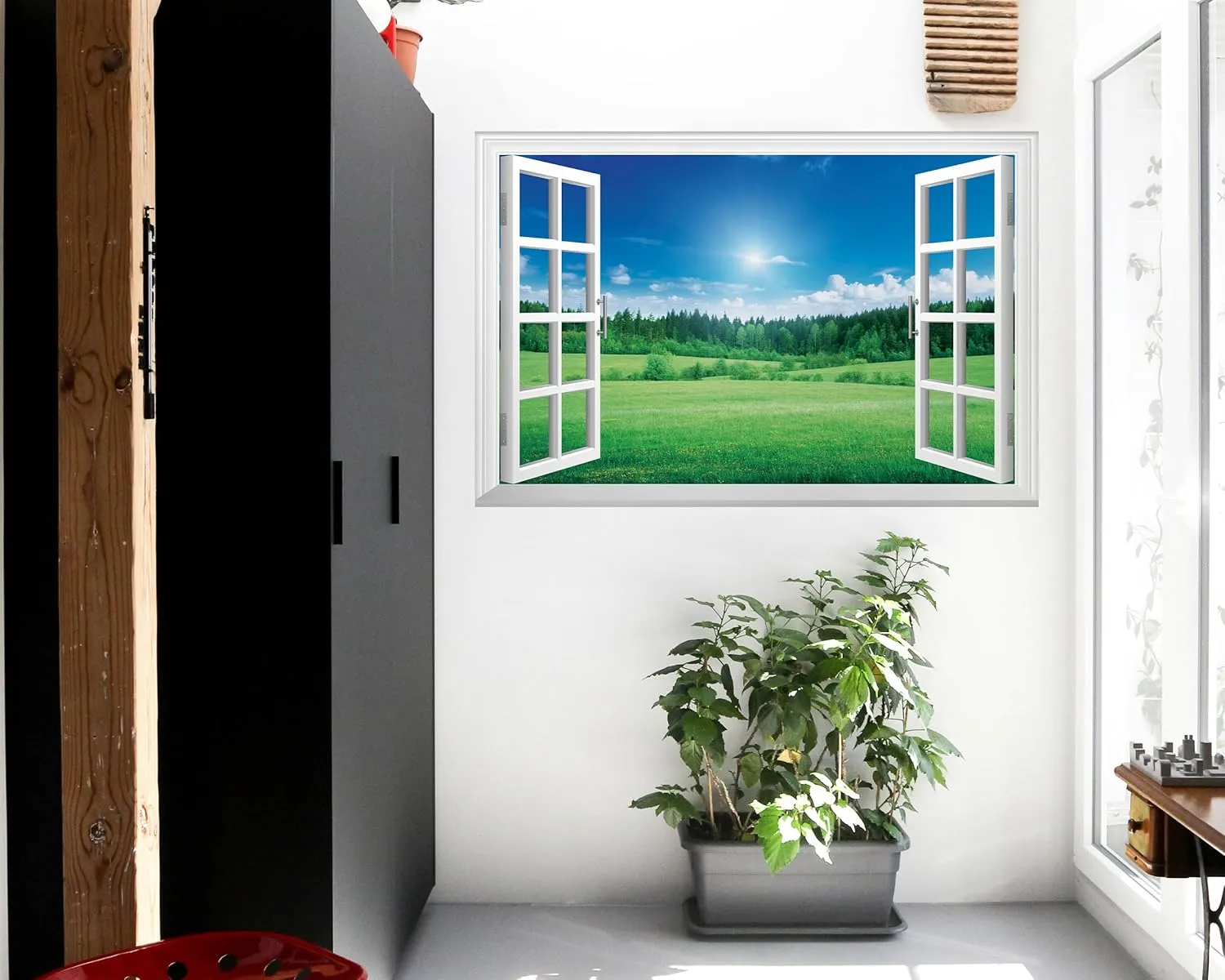 FLFK Fake Window Wall Mural - Grassland Forest Faux Window Wall Sticker for Wall Decor, Peel and Stick Wall Decals,48"x32",Set of 2 Sheets