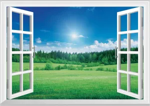 FLFK Fake Window Wall Mural - Grassland Forest Faux Window Wall Sticker for Wall Decor, Peel and Stick Wall Decals,48"x32",Set of 2 Sheets