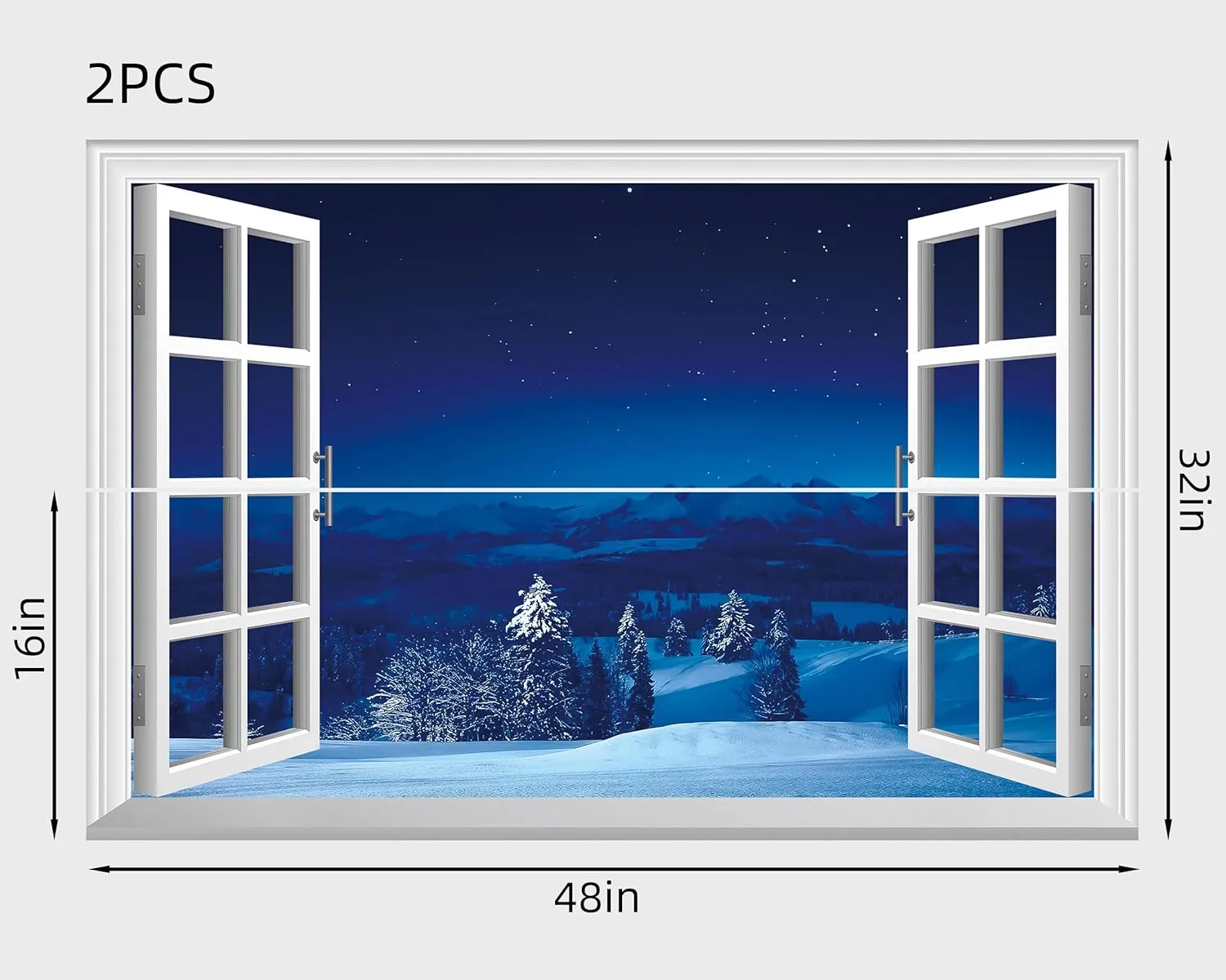 FLFK Fake Window Wall Mural - Snowy Scene at Night Faux Window Wall Sticker for Wall Decor, Stick and Peel Wall Decals,48"x32",Set of 2 Sheets