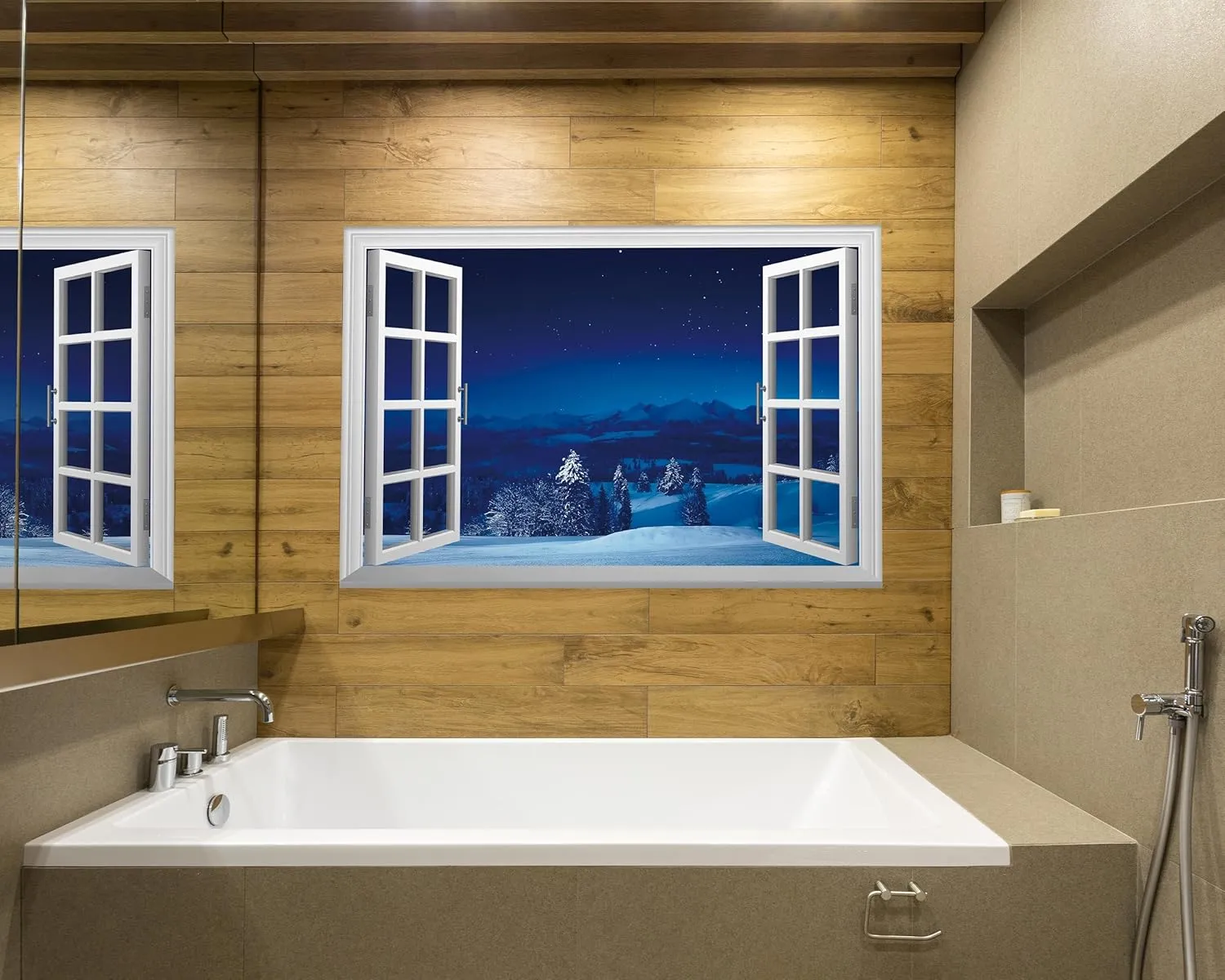 FLFK Fake Window Wall Mural - Snowy Scene at Night Faux Window Wall Sticker for Wall Decor, Stick and Peel Wall Decals,48"x32",Set of 2 Sheets