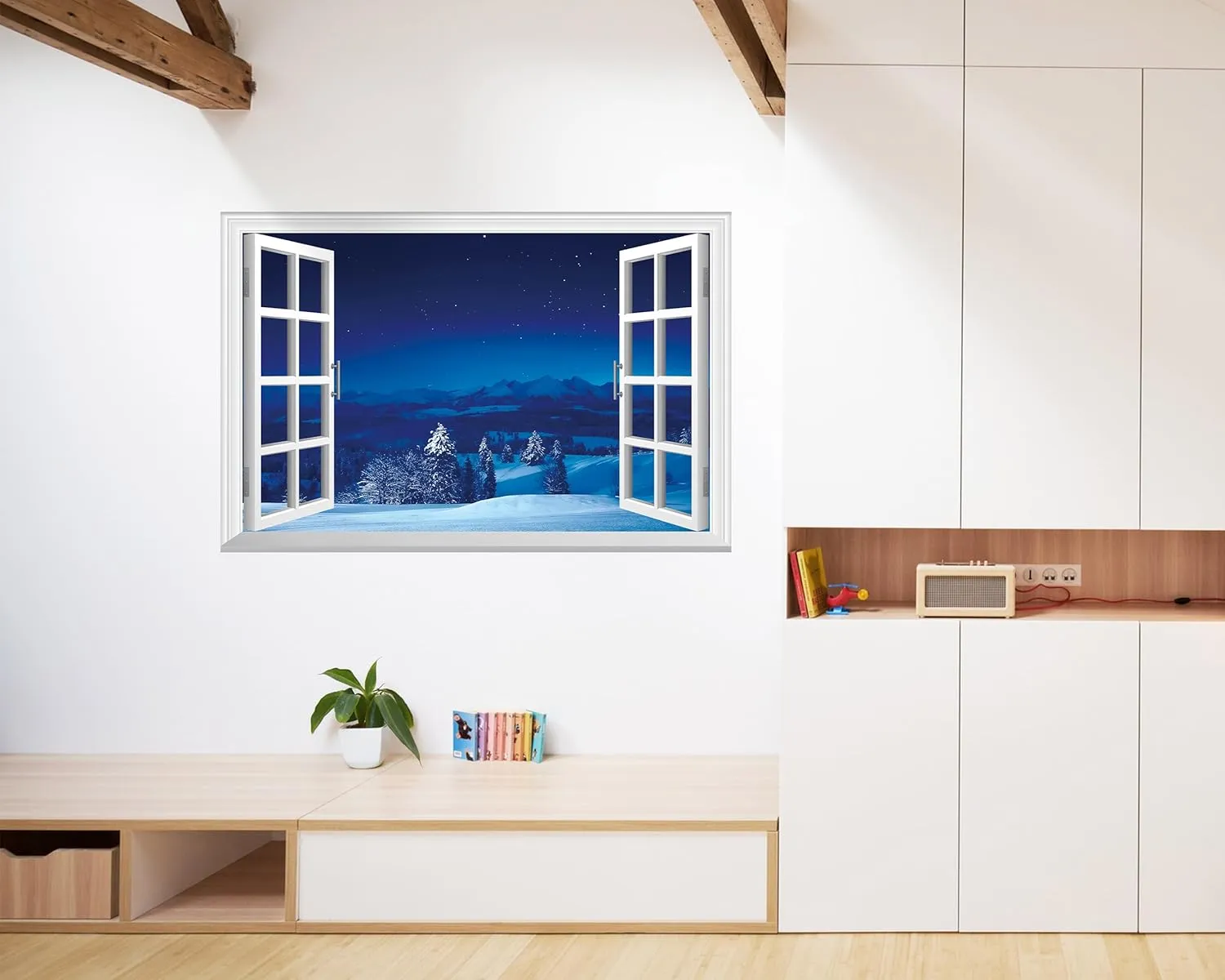 FLFK Fake Window Wall Mural - Snowy Scene at Night Faux Window Wall Sticker for Wall Decor, Stick and Peel Wall Decals,48"x32",Set of 2 Sheets
